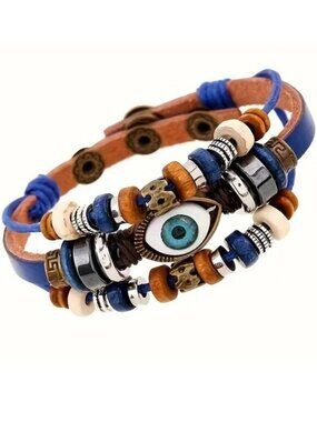 Leather Bracelet Cuff Bangle Layered Boho Beads Thrid Eye Evil Luck Hippie evil
